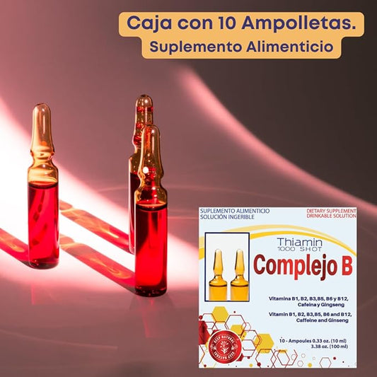 B Complex, Complejo B 1000 Shot | Multi-Vitamins, Caffeine, and Ginseng | Box with 10 Ampoules of 10ml | Energy, Cognitive Function, and Metabolic Health Boost.