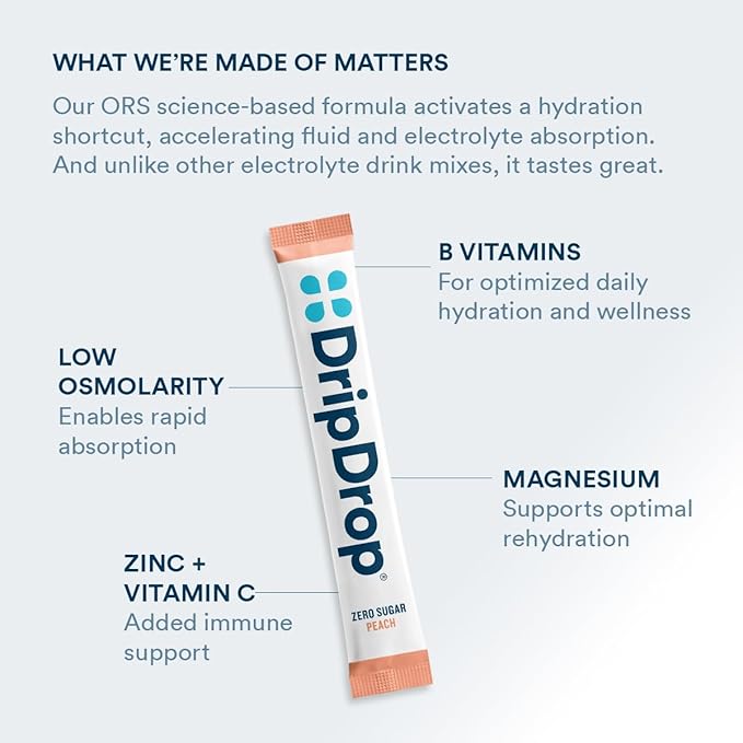 DripDrop Hydration - Zero Sugar Peach - Electrolyte Drink Mix Single Serve Powder Packets | Non-GMO, Gluten Free, Vegan | 32 Sticks