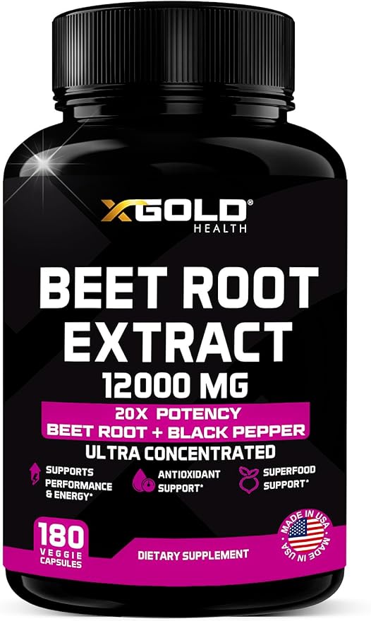Beet Root Extract Capsules - 12000mg 20x Concentrated Beet Root Capsules Supplement w/Black Pepper - High Nitrates - Natural Nitric Oxide Booster - Highly Concentrated & Bioavailable -180 Veggie Caps
