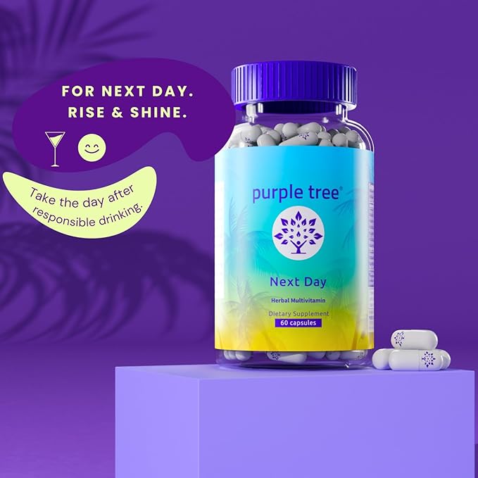 purple tree Next Day, Post-Celebration Wellness - Take Tomorrow | Replenish & Feel Your Best | Ashwagandha, Ginger, Peppermint, Milk Thistle, Electrolytes, Vitamins, 90 Pills