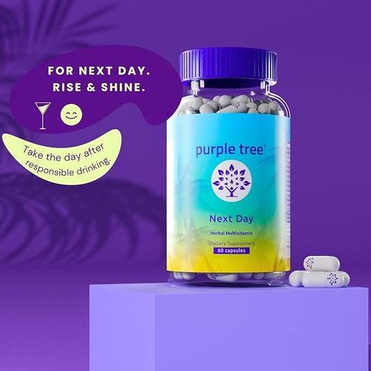 purple tree Next Day, Post-Celebration Wellness - Take Tomorrow | Replenish & Feel Your Best | Ashwagandha, Ginger, Peppermint, Milk Thistle, Electrolytes, Vitamins, 90 Pills