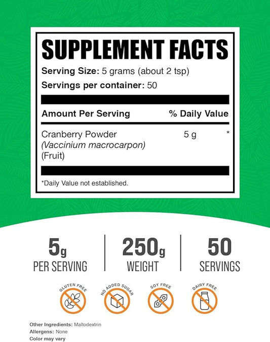BulkSupplements.com Cranberry Powder - Cranberry Supplements for Women & Men, Dried Cranberries Unsweetened - Gluten Free & Sugar Free, 5g per Serving, 250g (8.8 oz) (Pack of 1)