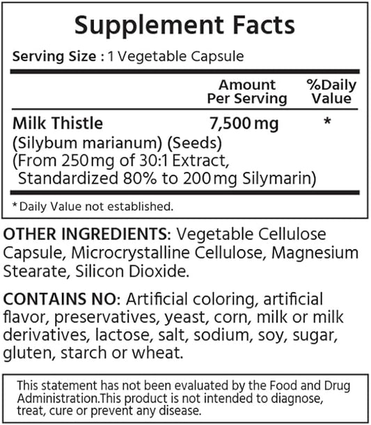 Standardized Milk Thistle 30:1 Seed Extract, 7500 mg 80% Silymarin 200 mg 120 Vegetable