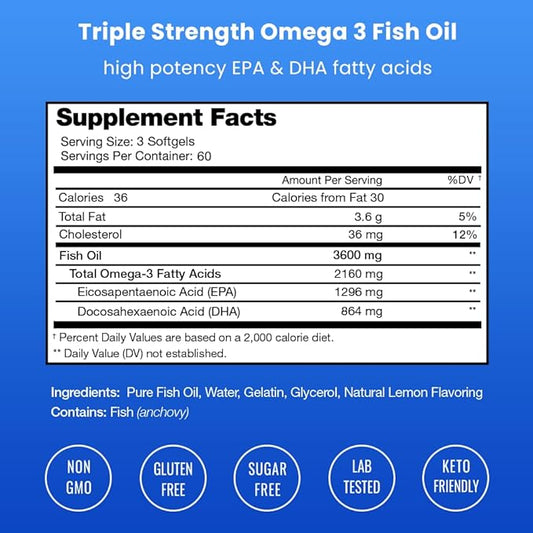 Omega 3 Fish Oil Supplements 3600mg 3 Supplement 180 Natural