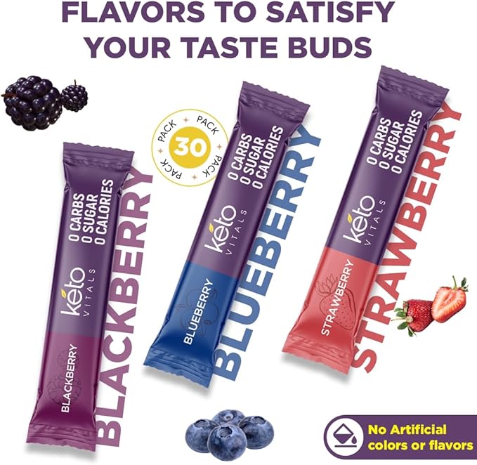 Keto Vitals Berry Antioxidant Electrolyte Powder Packets | Keto Friendly Electrolytes Travel Packets | Variety Individual Packets | Energy Drink Mix | Zero Calorie | Zero Carb (Berry Assorted, 30)