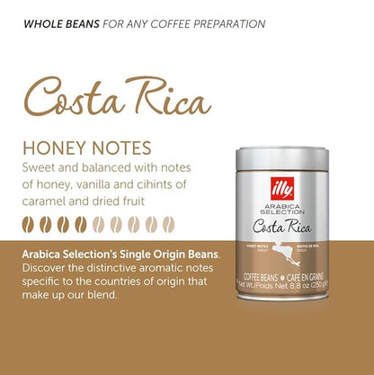 illy Whole Bean Coffee - Perfectly Roasted Whole Coffee Beans – Costa Rica Medium Roast - with Notes of Honey, Vanilla & Citrus - 100% Arabica Coffee - No Preservatives – 8.8 Ounce
