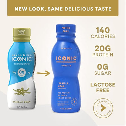 Iconic Protein Drinks, Vanilla Bean (12 Pack) - Sugar Free & Low Carb - 20g Grass Fed Protein - Lactose Free, Gluten Free, Non-GMO, Kosher - Keto Friendly Protein Shakes