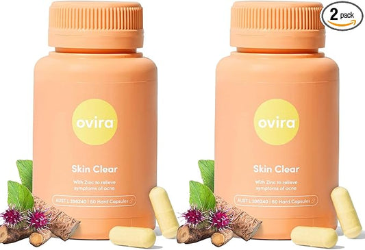 Ovira Skin Clear with ZINCBRIGHT - 60 Capsules for Clear and Glowing Skin | Rosacea & Hormonal Acne Treatment | Support Collagen Production | Acne Supplements for Women & Men - Pack of 2