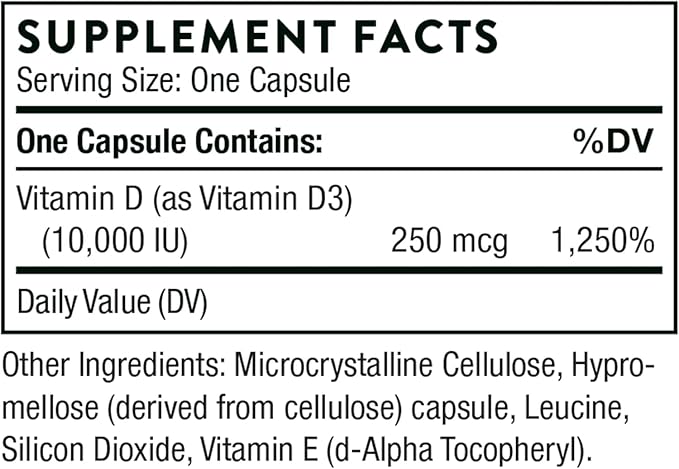 THORNE - Vitamin D3 Supplement - Supports Healthy Bones, Teeth, Muscles, Cardiovascular & Immune Function* - Gluten, Dairy & Soy-Free - 10,000 IU - 60 Capsules