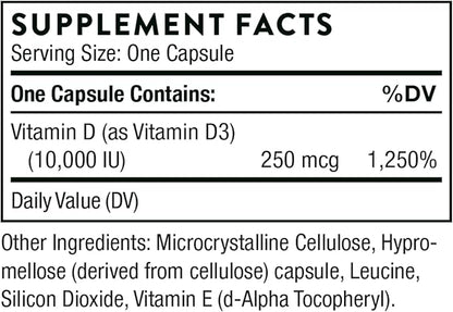 THORNE - Vitamin D3 Supplement - Supports Healthy Bones, Teeth, Muscles, Cardiovascular & Immune Function* - Gluten, Dairy & Soy-Free - 10,000 IU - 60 Capsules