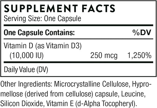 THORNE - Vitamin D3 Supplement - Supports Healthy Bones, Teeth, Muscles, Cardiovascular & Immune Function* - Gluten, Dairy & Soy-Free - 10,000 IU - 60 Capsules