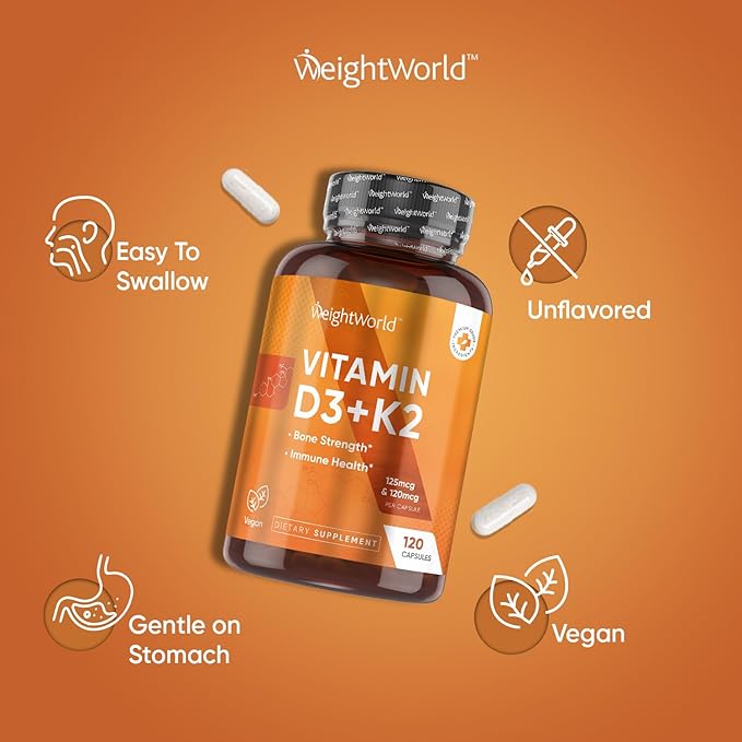 WeightWorld Vegan Vitamin D3 K2-120 Capsules - 5000 IU D3 & K2 120mcg for Bone Strength & Immune Health – K2 D3 Vitamin Supplement Plant-Based Cholecalciferol from Wild-Harvested Lichen