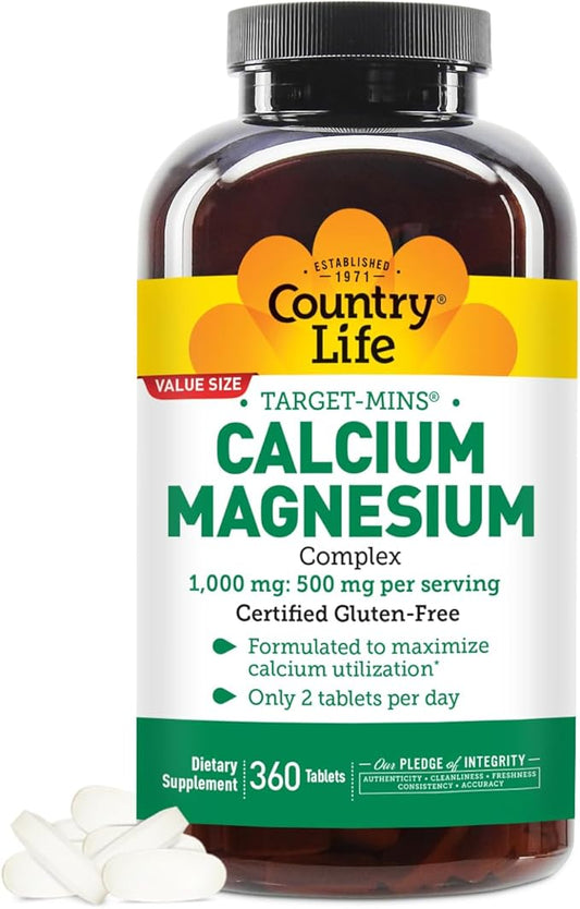 Country Life Target-Mins Calcium Magnesium Supplement 1000mg Calcium, 500mg Magnesium, 2:1 Ratio