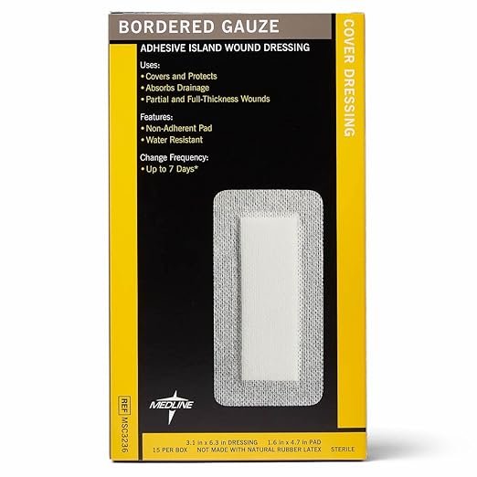Medline Sterile Bordered Gauze, 3" x 6" with 1.5" x 4" Pad 15)