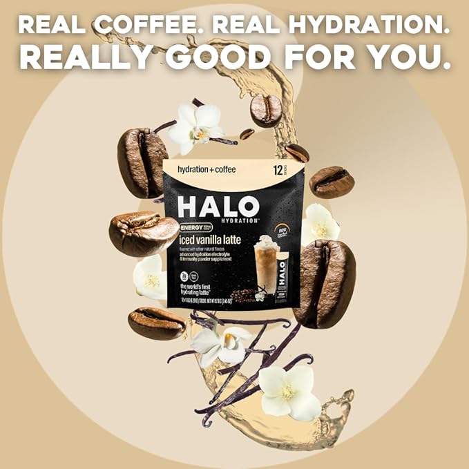 HALO Sport Iced Vanilla Latte - Instant Energy Drink Powder – Healthy Coffee Mix Hydration Electrolytes, Caffeine, Vitamins and Minerals 20 Calories Keto Low Calorie 1 x 12 Sticks, 1.0 grams
