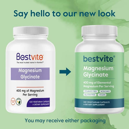 BESTVITE Magnesium Glycinate - 400mg of Magnesium per Serving (240 Vegetarian Capsules) - No Stearates - No Silicon Dioxide - Vegan - Non GMO - Gluten Free