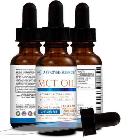 Approved Science® MCT Oil - Pure Medium-Chain Triglyceride (MCT) Oil derived from Coconuts with Caprylic Acid (C8) and Capric Acid (C10) - Vegan, 60 ml - Pack of 6