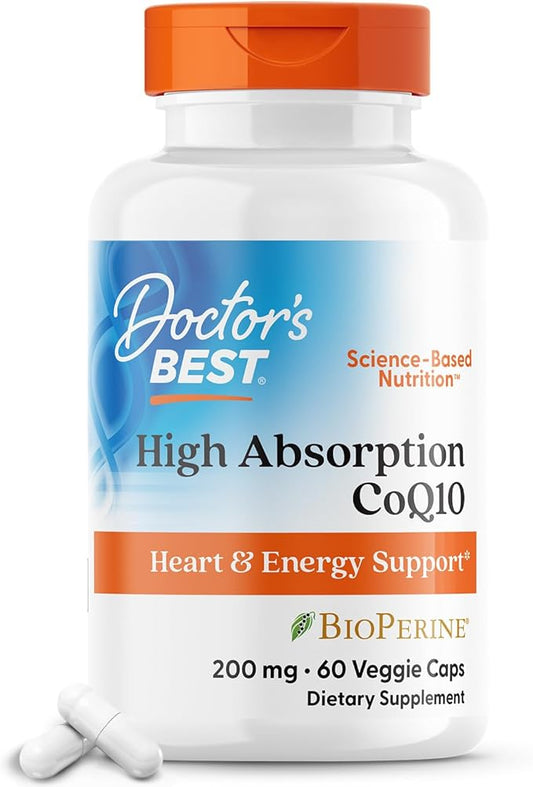 Doctor's Best High Absorption CoQ10 with BioPerine, Heart Health & Energy Production, Naturally Fermented, Gluten Free, Vegan, 200 mg 60 Veggie Caps