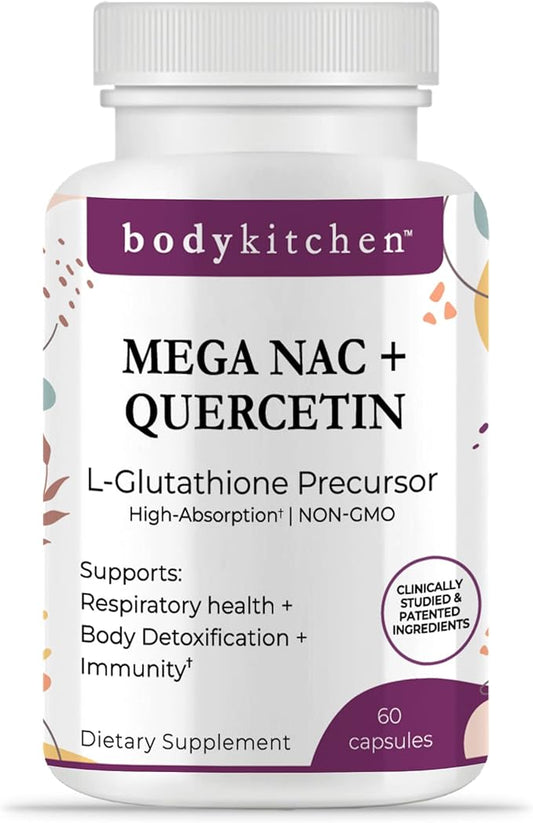 Body Kitchen Mega NAC (N-Acetyl Cysteine) 600 mg with Quercetin, Supports Respiratory Health and Immune Function and Promotes Liver and Kidney Detox, Veggie Caps, (Pack of 1)