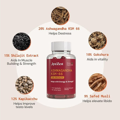 AyuZest Ashwagandha KSM-66 + Shilajit Capsules