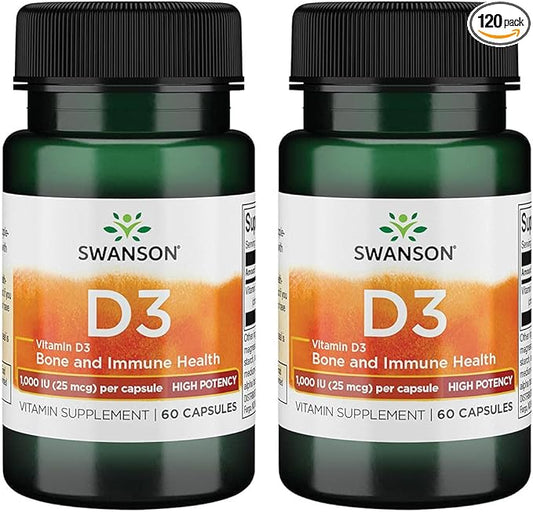 Swanson High Potency Vitamin D-3 1000 (25 mcg) 60 Capsules (2 Pack)