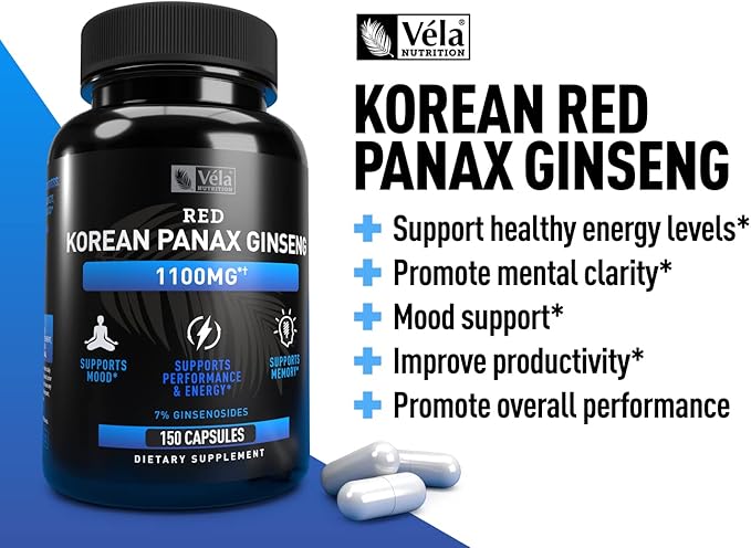 Vela Red Korean Panax Ginseng Supplement 1,100mg per 3rd Party 150 Capsules