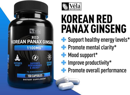Vela Red Korean Panax Ginseng Supplement 1,100mg per 3rd Party 150 Capsules