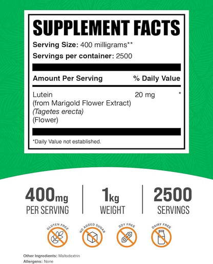 BulkSupplements.com Lutein Powder - from Marigold Flower Extract, Lutein Supplement, Lutein 20mg - Antioxidant Source, Gluten Free, 400mg per Serving, 1kg (2.2 lbs) (Pack of 1)
