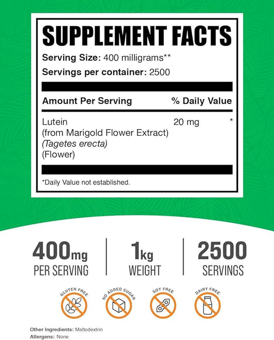 BulkSupplements.com Lutein Powder - from Marigold Flower Extract, Lutein Supplement, Lutein 20mg - Antioxidant Source, Gluten Free, 400mg per Serving, 1kg (2.2 lbs) (Pack of 1)