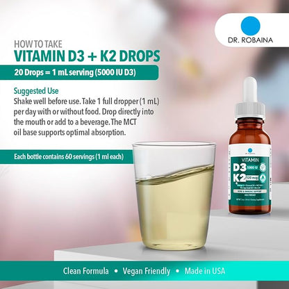 Dr. Robaina Vitamin D3 + K2 Drops – Vegan MCT Oil Liquid Supplement, 5000 IU D3 & 120 mcg MK-7, Sublingual Daily Vitamin D and K