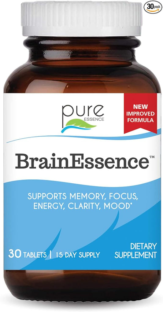 PURE ESSENCE LABS Brain Essence - Memory Supplement & Vitamin for Men, Women & Adults - Herbal Booster for Memory, Focus, Clarity & Stress Relief - Bacopa Monnieri, Ashwagandha & More (30 Tablets)