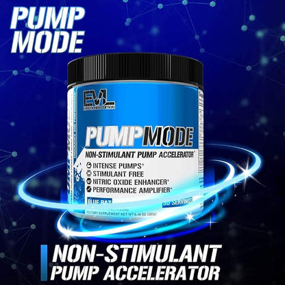 EVL PumpMode Nitric Oxide Supplement - Nitric Oxide Booster Pump Pre Workout Powder with Glycerol and Betaine for Muscle Recovery Growth and Endurance - Stim Free Pre Workout Drink (Blue Raz)