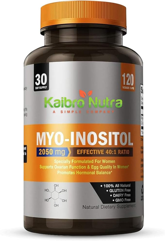 Kaibro Nutra Myo-Inositol Supplement, Myo-Inositol & D-Chiro Inositol 40:1 Ratio, Hormone Balance & Ovarian Support for Women with Vitamin B8, 2050mg, Vegan, Non-GMO Capsules 120 Count