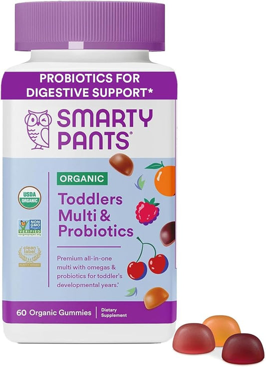 SmartyPants Organic Toddler Multivitamin Gummies: Probiotics, 3 (ALA), D3, C, B12, B6, B6, Vitamin 60 Count (30 Day