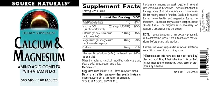 Source Naturals Calcium & Magnesium, Amino D-3, 300 300 MG 100 Tablets