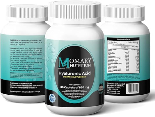 Hyaluronic Acid Supplement, Natural Skin Hydration, Advanced Joint Support and Mobility Booster, Type II Hydrolyzed Collagen, Turmeric, Glucosamine, Chondroitin, 30Caplets 850Mg