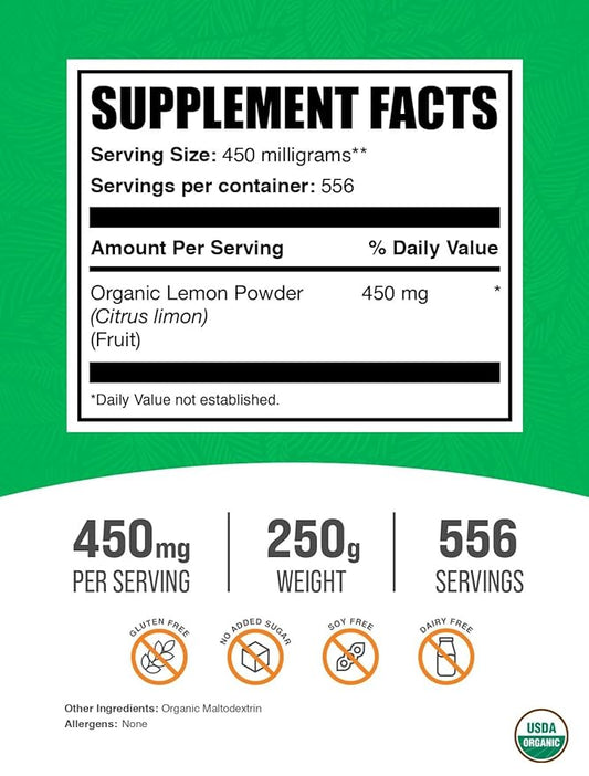 BulkSupplements.com Organic Lemon Powder - Natural Vitamin C Source, Fruit Powder, Lemon Flavoring - for Immune Support, Gluten Free, 450mg per Serving, 250g (8.8 oz) (Pack of 1)