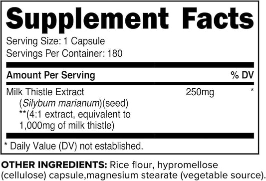 Primaforce Milk Thistle 180 Capsules 1000mg Equivalent 250mg of 4:1 Extract