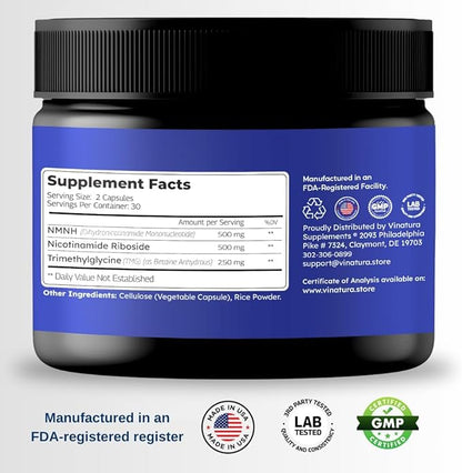 NMNH Nicotinamide Riboside & TMG 1250mg per 60 Capsules 30 Servings