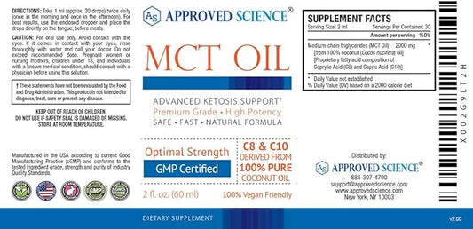 Approved Science® MCT Oil - Pure Medium-Chain Triglyceride (MCT) Oil derived from Coconuts with Caprylic Acid (C8) and Capric Acid (C10) - Vegan, 60 ml