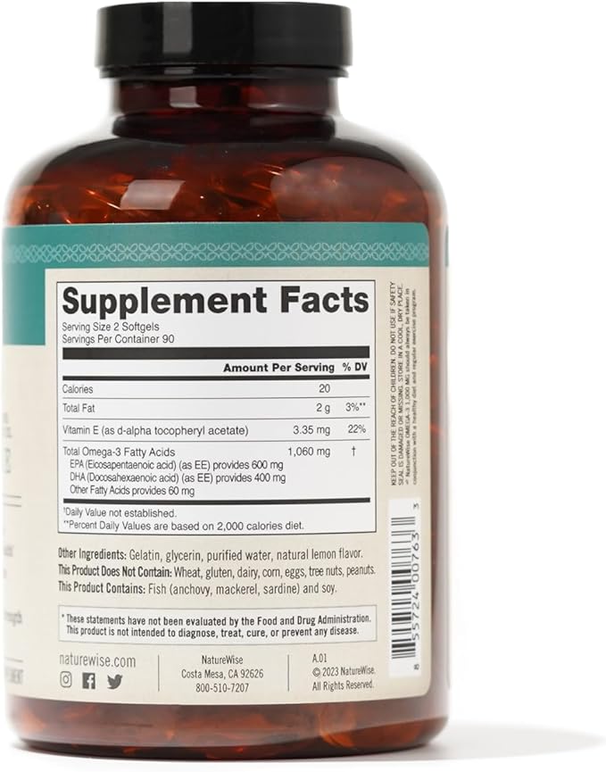 NatureWise Extra-Strength Omega 3 Fish Oil Supplement 1000mg per 600 EPA 400 DHA 180 Softgels[3-Month Softgels[3-Month Supply]