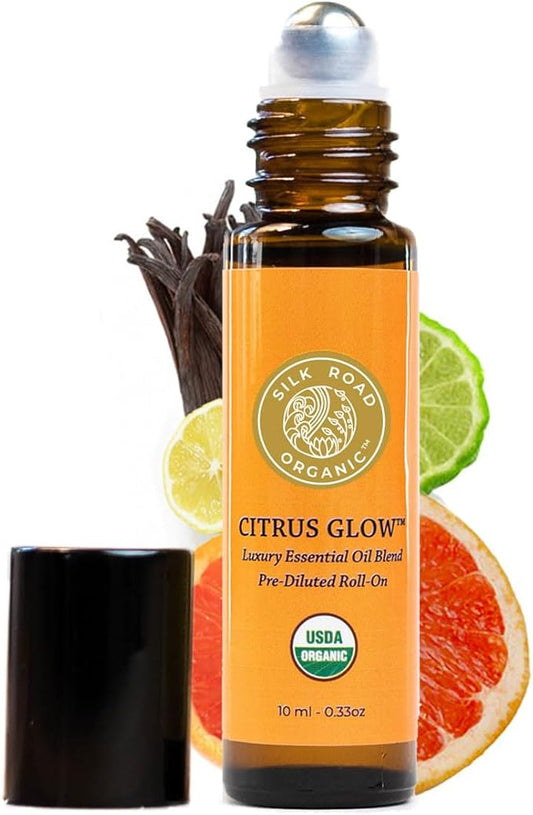 Organic Citrus Glow Essential Oil Revive Blend Roll On, 100% Pure USDA Certified Citrus & Vanilla - Uplifting, & Energizing - 10 ml Roller by Silk Road Organic - Always Pure, Always Organic