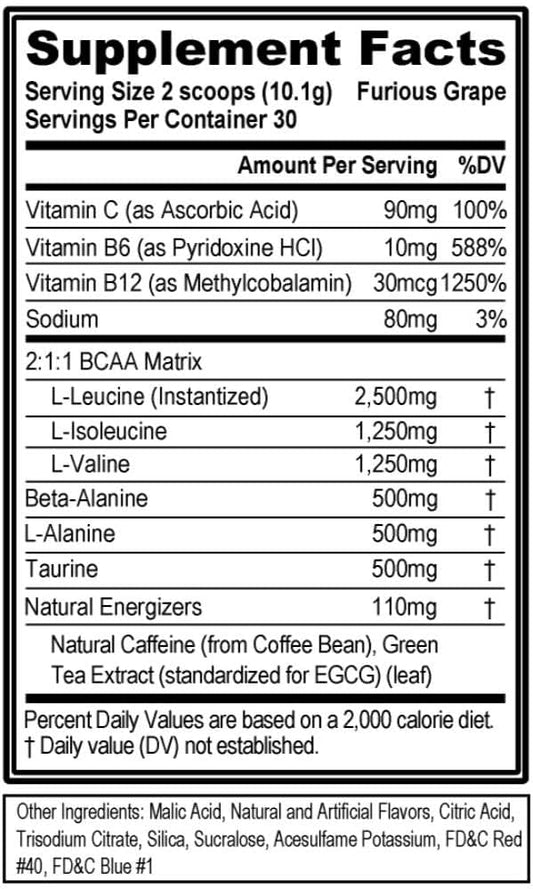 EVL BCAAs Amino Acids Powder - BCAA Energy Pre Workout Powder for Muscle Recovery Lean Growth and Endurance - Rehydrating BCAA Powder Post Workout Recovery Drink with Natural Caffeine - Furious Grape