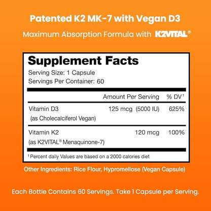 NutraChamps D3 with K2 MK7 Supplement 5000 IU 3 & 100 mcg 2 MK-7 MK-7 | 60 Vitamin K2 D3 D3 Capsules