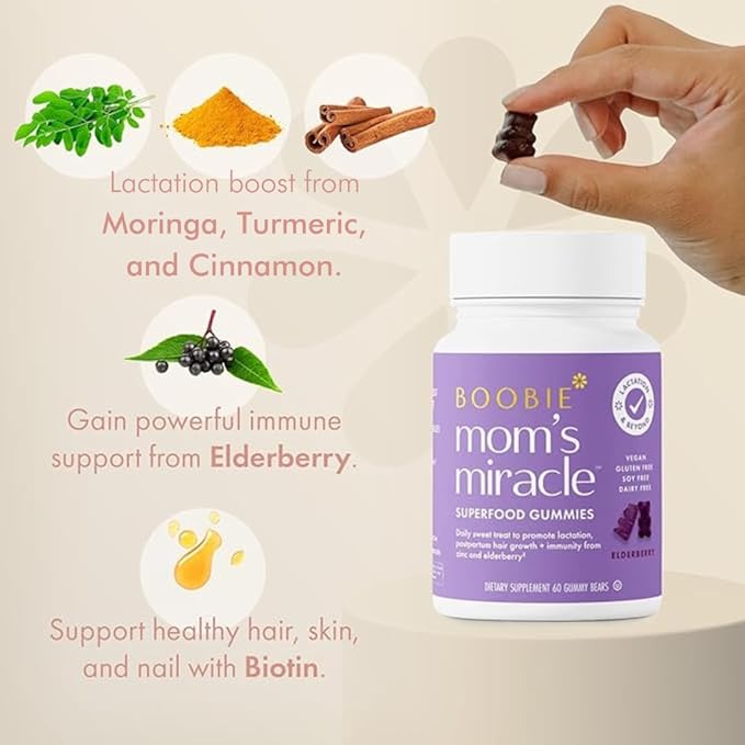 Boobie Bears Lactation Support Gummies | Helps As Milk Supply Booster & Supports Immune Health & Hair Growth | Breastfeeding Supplements with Zinc & Elderberry for Milk Supply Increase, 120 Count