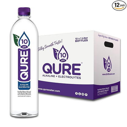 QURE Water, Premium 10 pH Ionized Alkaline Bottled Water, Silky Smooth Taste Infused with Electrolytes, 33.8 Fl Oz (Pack of 12)