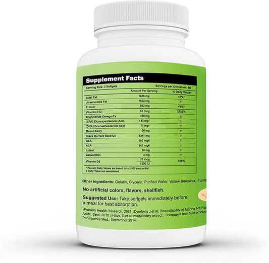 Formulated for Dry Eyes Mini-softgels of Omega-3, Black B12 and D3 (2 (2 Month (180 mini