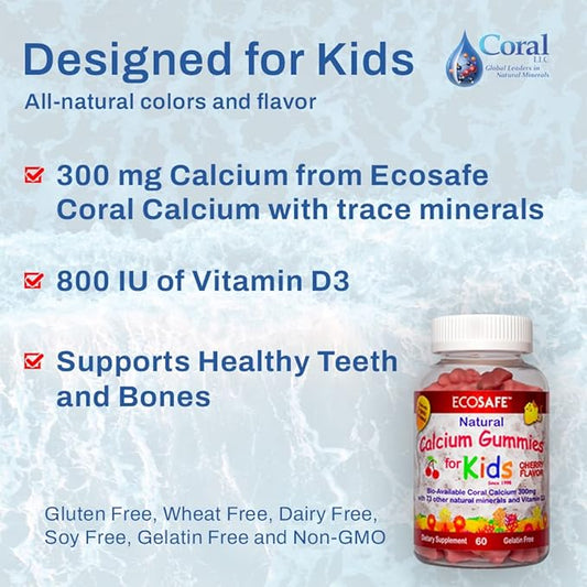 Coral Calcium Vitamin D3 Kids Gummy, Natural Cherry Flavor, Non GMO, Gluten-Free, Dairy-Free, Soy-Free and Gelatin Free - 300 mg of Calcium, and 800 IU of Vitamin D3-60 Gummies (4 Pack)