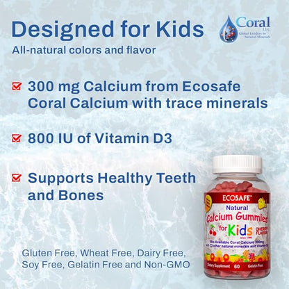 Coral Calcium Vitamin D3 Kids Gummy, Natural Cherry Flavor, Non GMO, Gluten-Free, Dairy-Free, Soy-Free and Gelatin Free - 300 mg of Calcium, and 800 IU of Vitamin D3-60 Gummies (2 Pack)