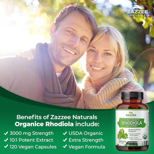 Zazzee USDA Organic Rhodiola 10:1 Exract, 3000 mg 120 Capsules, 4 Month 10X Extract, 100% Vegetarian,